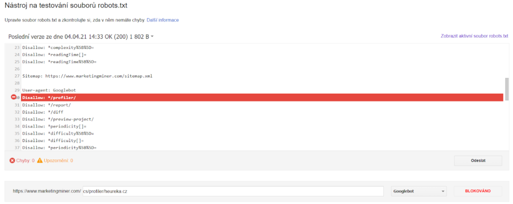 Robots.txt testing tool v Google Search Console